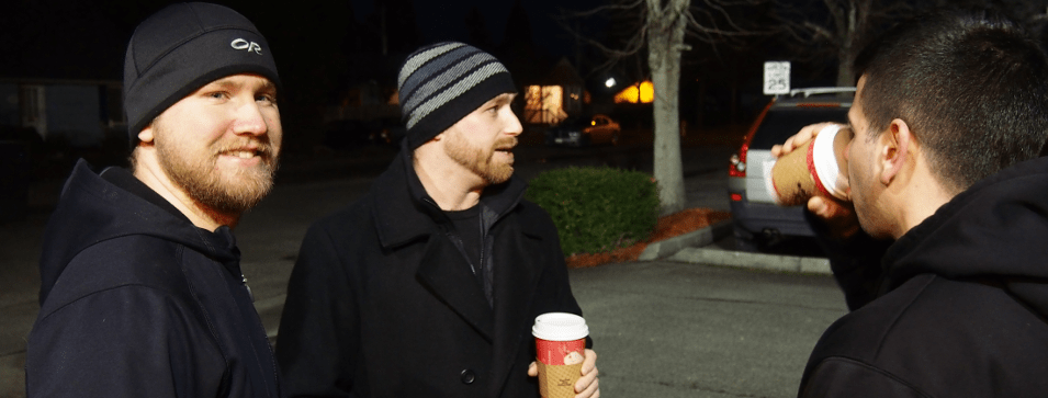 sin three guys cold drinking coffee